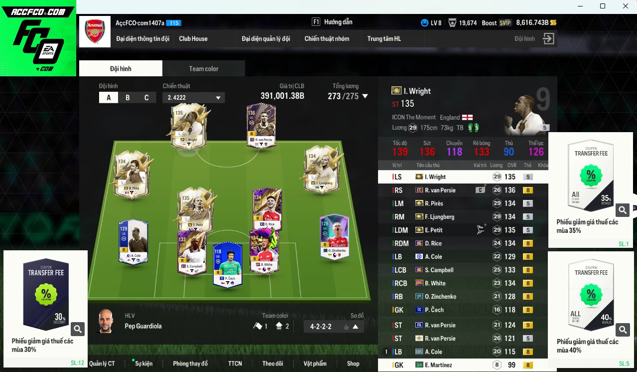 [ACC Rẻ🔥] Arsenal 391.00b dư 8600b có Petit ITM+5, Wright ITM+5, Pirès ITM+5, Ljungberg ITM+5, Van Persie CC, White 23HW, Campbell HG, Rice HG... Còn nhiều CP GIẢM THUẾ